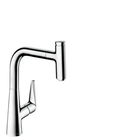 Hochglänzender Chrom-Spültischmischer von Hansgrohe mit Ausziehauslauf. Einfaches Design, geeignet für moderne Küchenanwendungen.